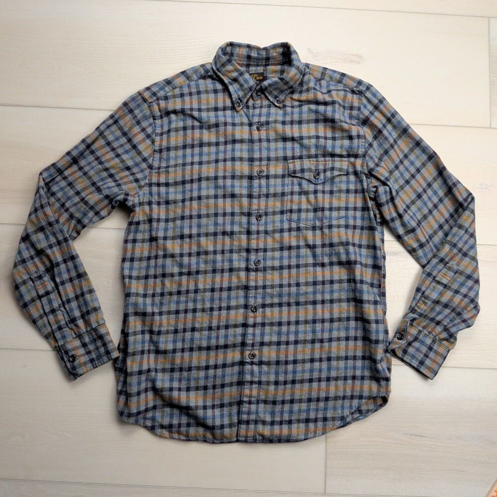 J Crew Shirt Mens M Cashmere‎ Cotton Blend Plaid Flannel Gray Blue Orange L/S
